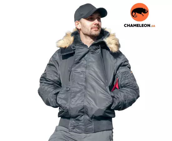 Сіра куртка чоловіча з капюшоном N-2B Slim Gray зимовий бомбер, Розмір: 48-50 (M)