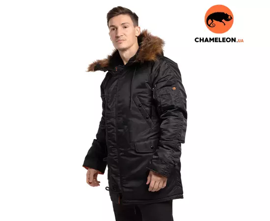 Чорна зимова куртка Аляска N-3B Black чоловіча подовжена, Розмір: 56-58 (XL)