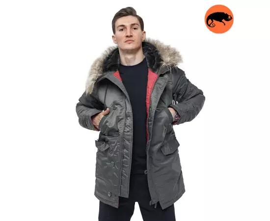 Сіра чоловіча куртка Аляска Slim Fit N-3B Gray подовжена, Розмір: 52-54 (L)