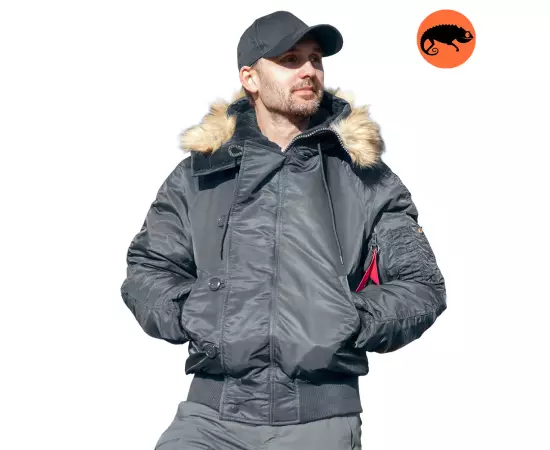 Сіра куртка чоловіча з капюшоном N-2B Slim Gray зимовий бомбер, Розмір: 44-46 (S)