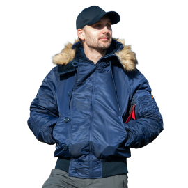 Зимова чоловіча синя куртка з капюшоном N-2B Slim Navy бомбер, Розмір: 44-46 (S)