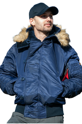 Зимняя мужская синяя куртка с капюшоном  N-2B Slim Navy бомбер, Размер: 44-46 (S)