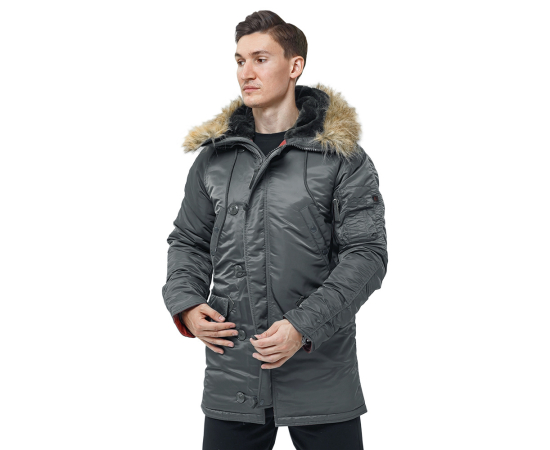 Сіра чоловіча куртка Аляска Slim Fit N-3B Gray подовжена, Розмір: 62-60 (XXL), зображення 2