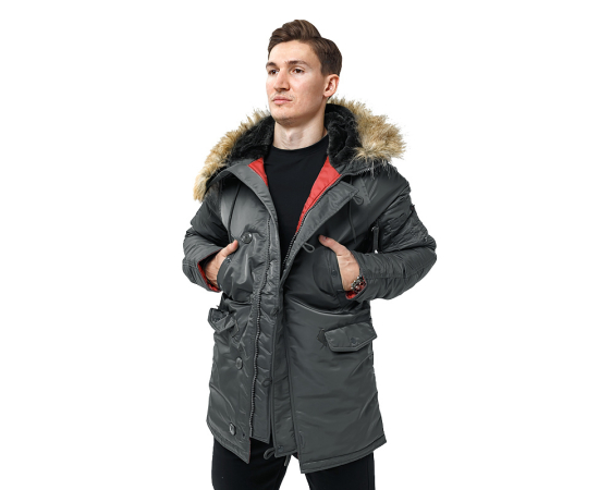 Сіра чоловіча куртка Аляска Slim Fit N-3B Gray подовжена, Розмір: 56-58 (XL), зображення 3