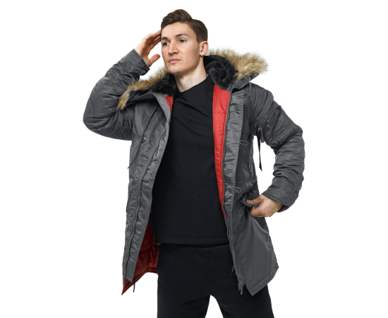 Сіра чоловіча куртка Аляска Slim Fit N-3B Gray подовжена, Розмір: 40-42 (XS), зображення 6