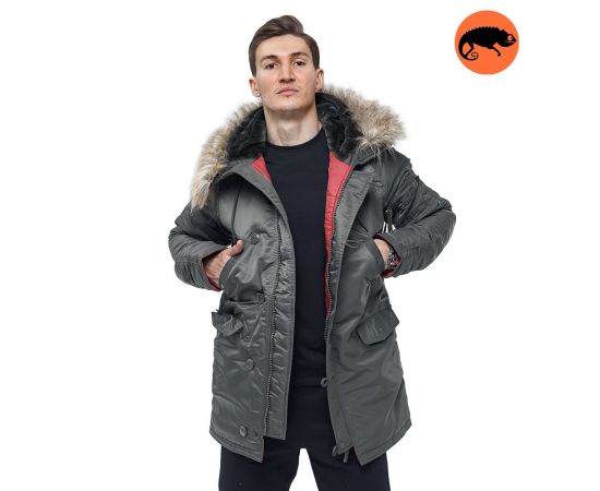 Сіра чоловіча куртка Аляска Slim Fit N-3B Gray подовжена, Розмір: 48-50 (M)
