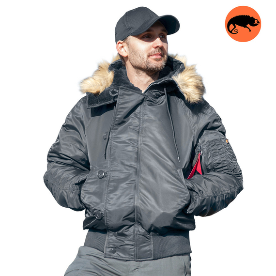 Сіра куртка чоловіча з капюшоном N-2B Slim Gray зимовий бомбер, Розмір: 44-46 (S)